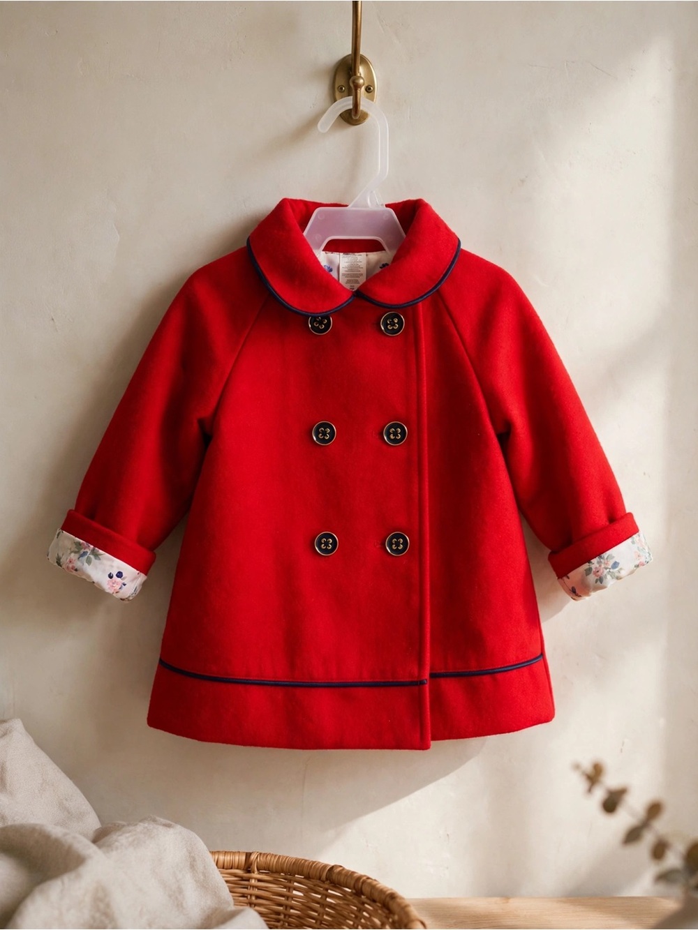 Little Me Red Double Breasted Peacoat Toddler 18M Bow Back Navy Trim